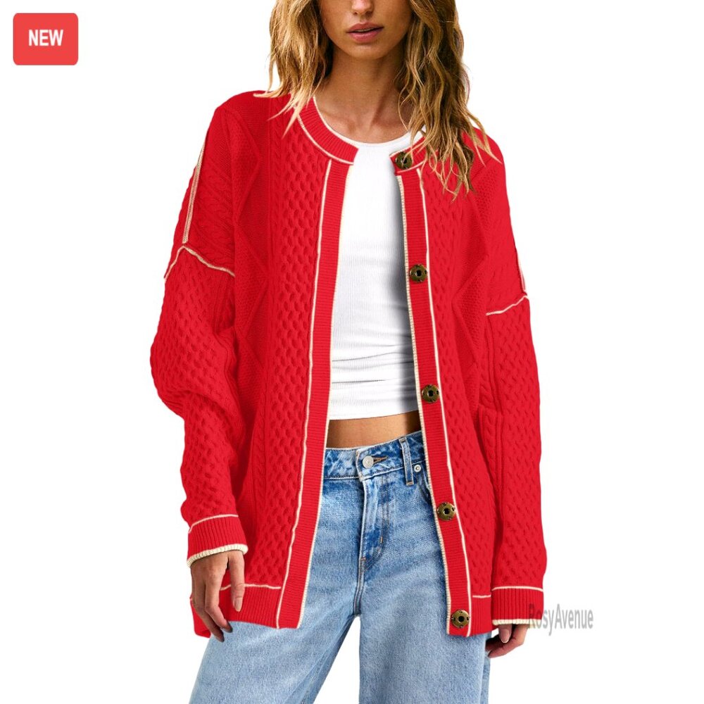 Oversized Cable Knit Cardigan Sweater Lightweight Button Down Fall Striped